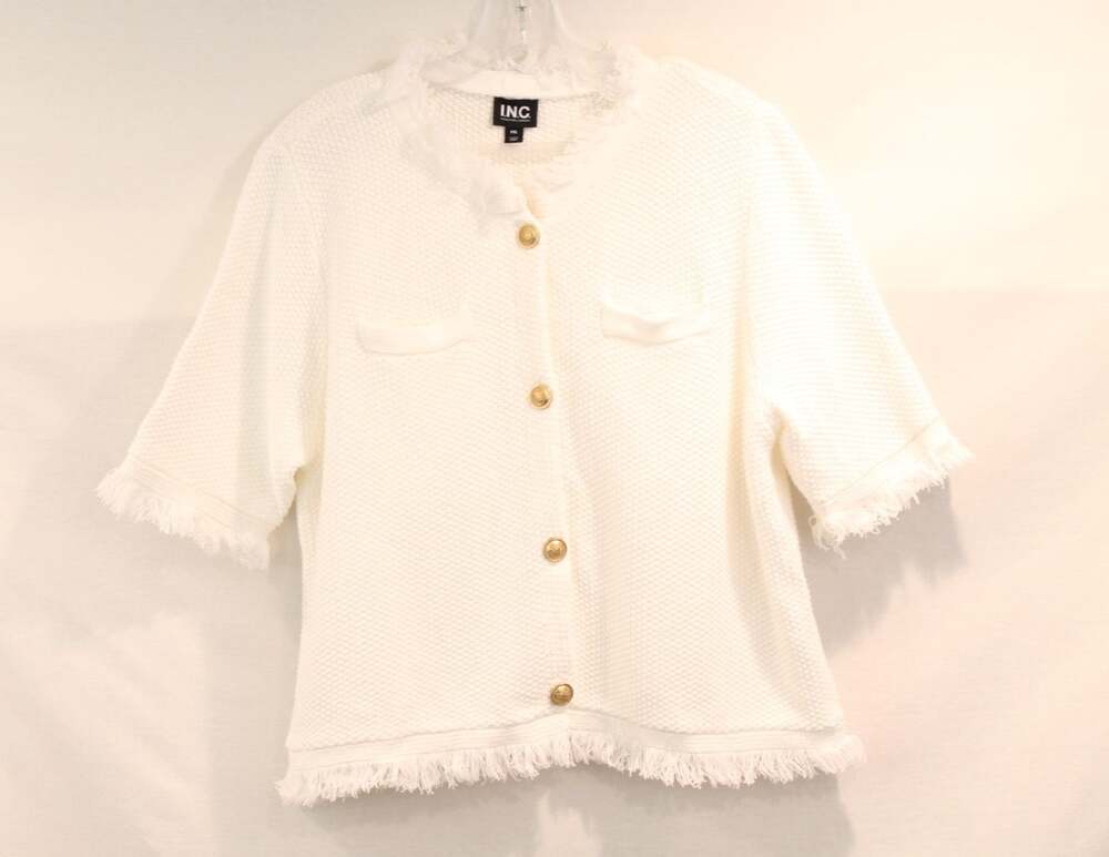 INC Texture Knit Fringe Trim Blazer Jacket Womens size PXL White Gold Buttons